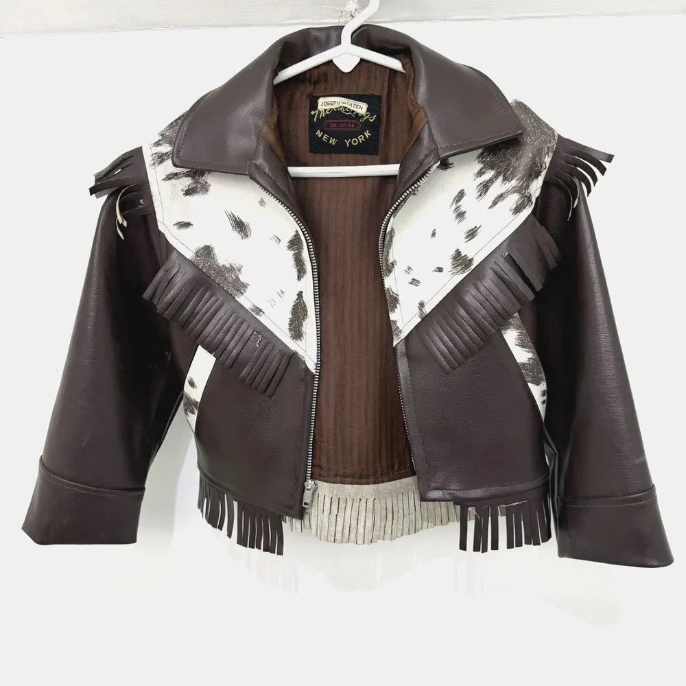 Vintage 60s 70s Thermo &Togs Kids Western Vinyl Fringe Jacket Cowhide Style